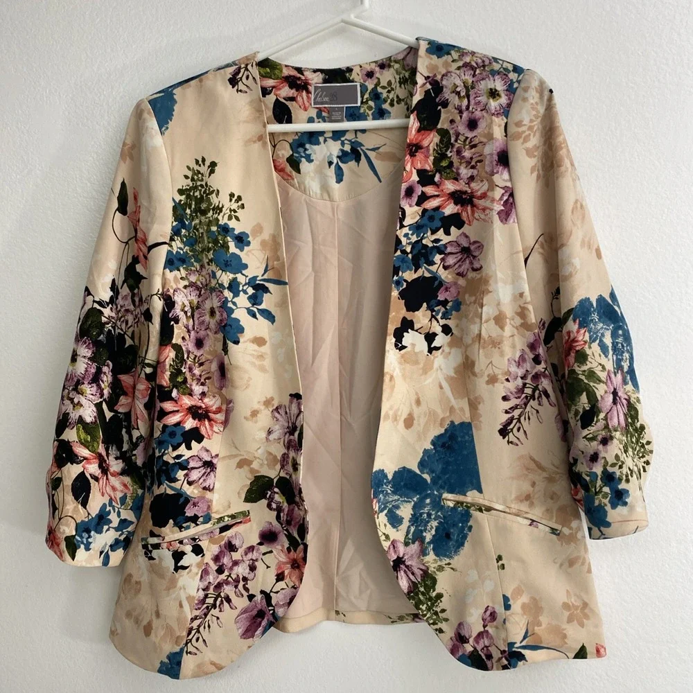 Chelsea28 Floral Print Pink Blazer Open Front Jacket 3 Quarter‎ Sleeve SZ L